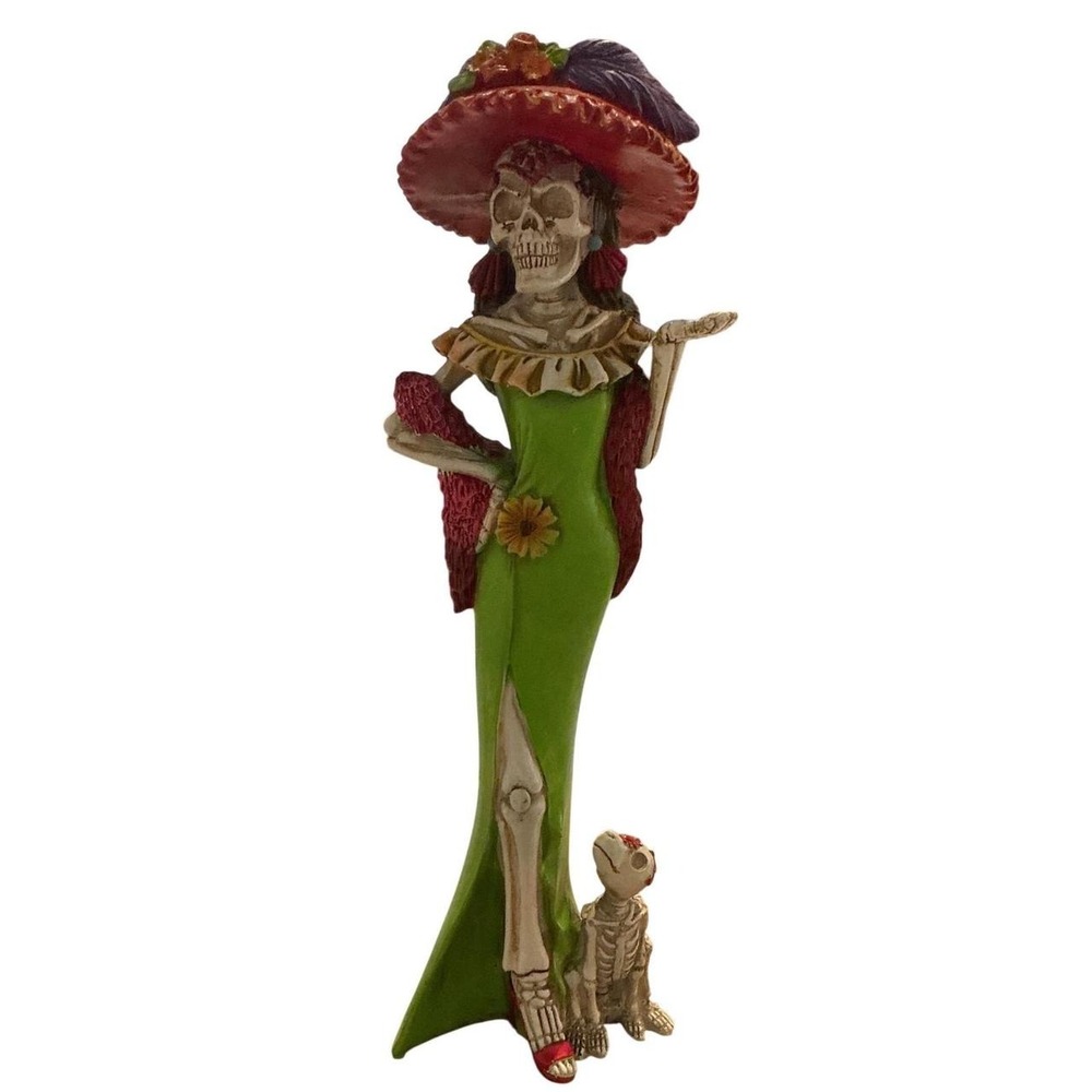 Unbranded La Catrina Skeleton Figurine Home Decor Green Red 12in Excellent